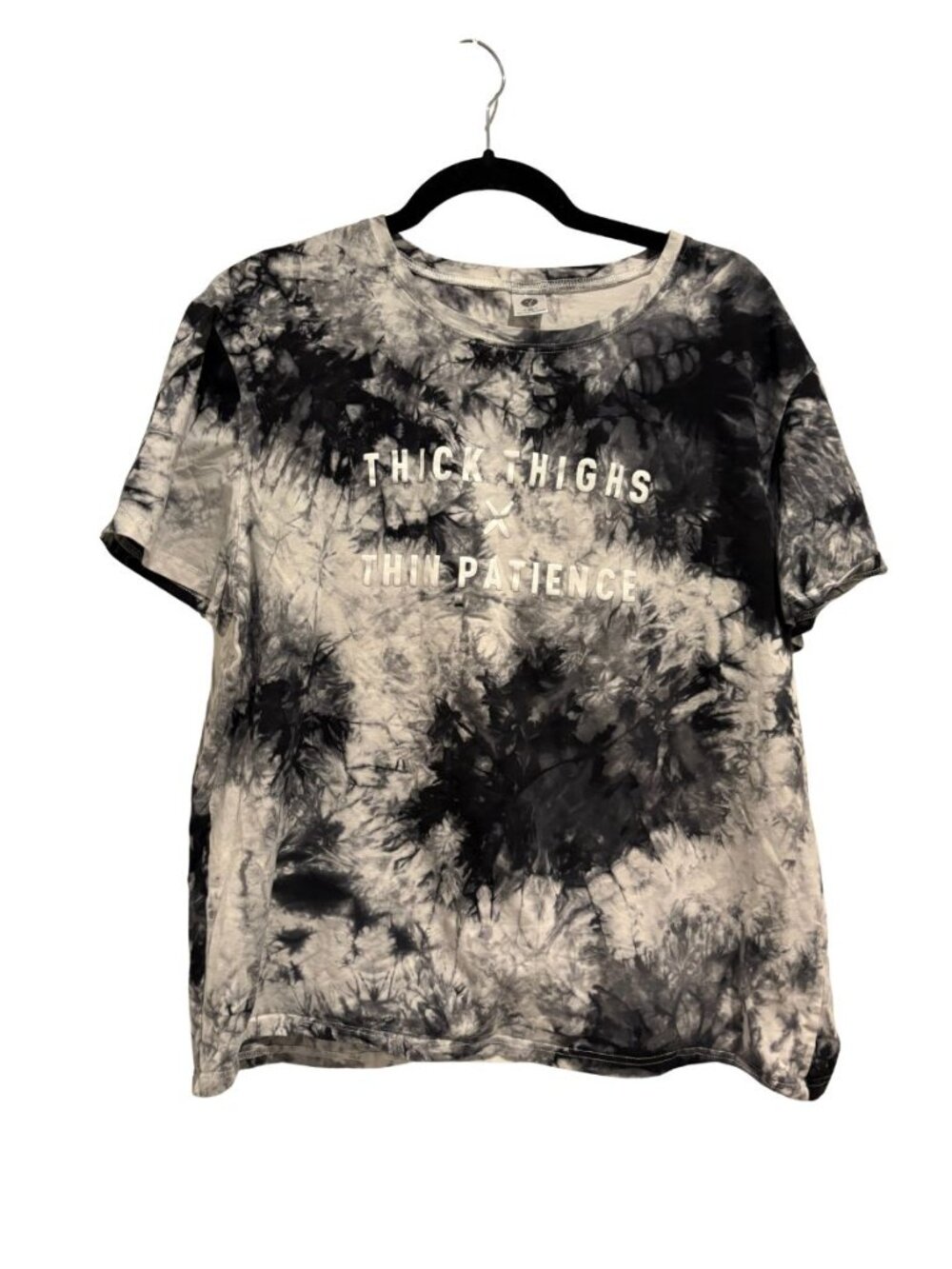 Y2K Tie Dye Graphic Tee "Thick Thighs Thin Patience" Gray Black T-Shirt Women's